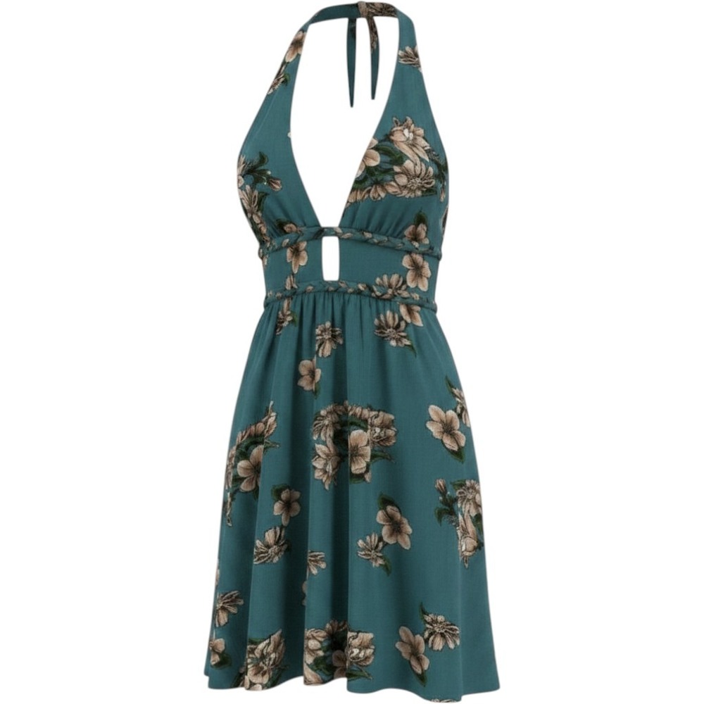Illa Illa Mini Dress Womens Small Teal Floral Halter Deep V Braided Waist Boho